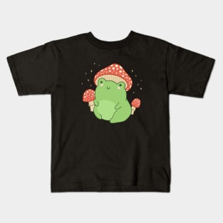 Cute Green Frog in Toadstool Hat, Chubby Cottagecore Aesthetic Frogge Kids T-Shirt